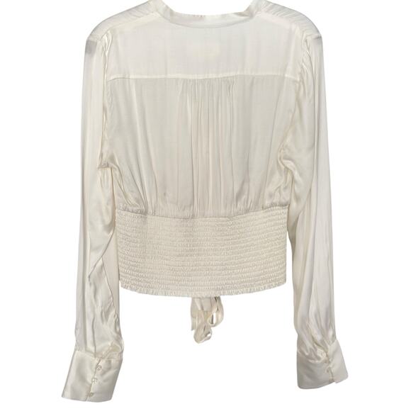 NWT Anthropologie Sz M White Silky Tie Waist Cropped Blouse Smocked French Cuff - Picture 3 of 10